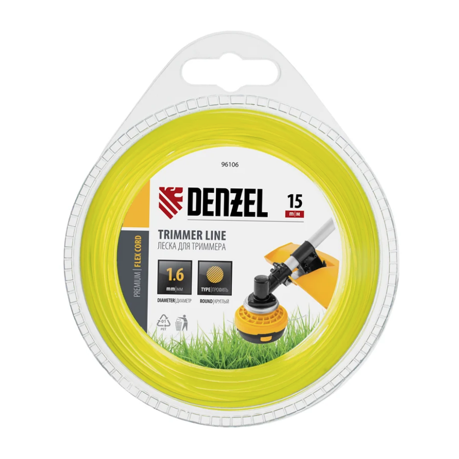 Леска для триммера круг 1,6 мм х 15 м блистер FLEX CORD DENZEL 96106