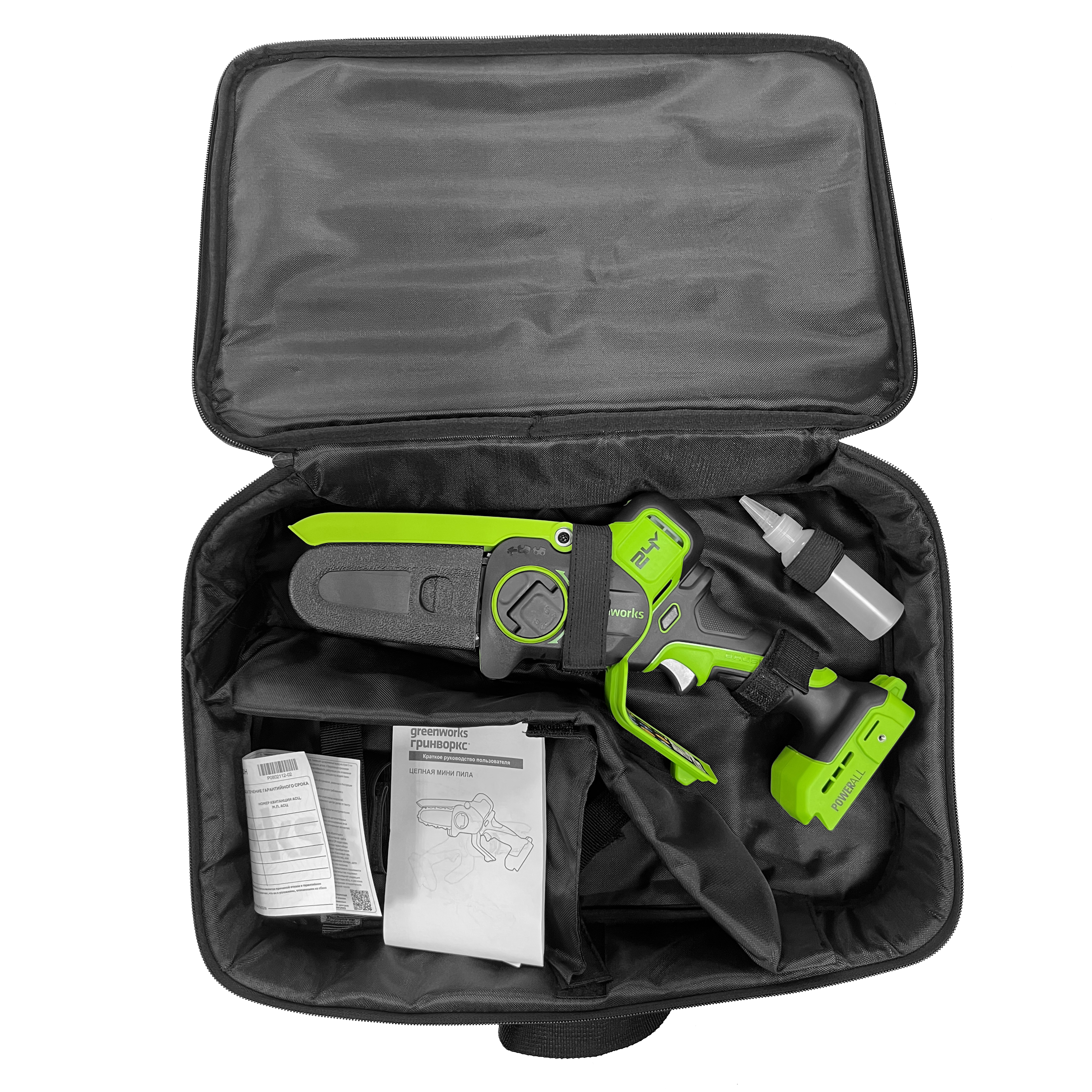 Мини-пила аккумуляторная цепная Greenworks 10 см 24V CS2410A с автоматической смазкой цепи, бесщёточная, без АКБ и ЗУ