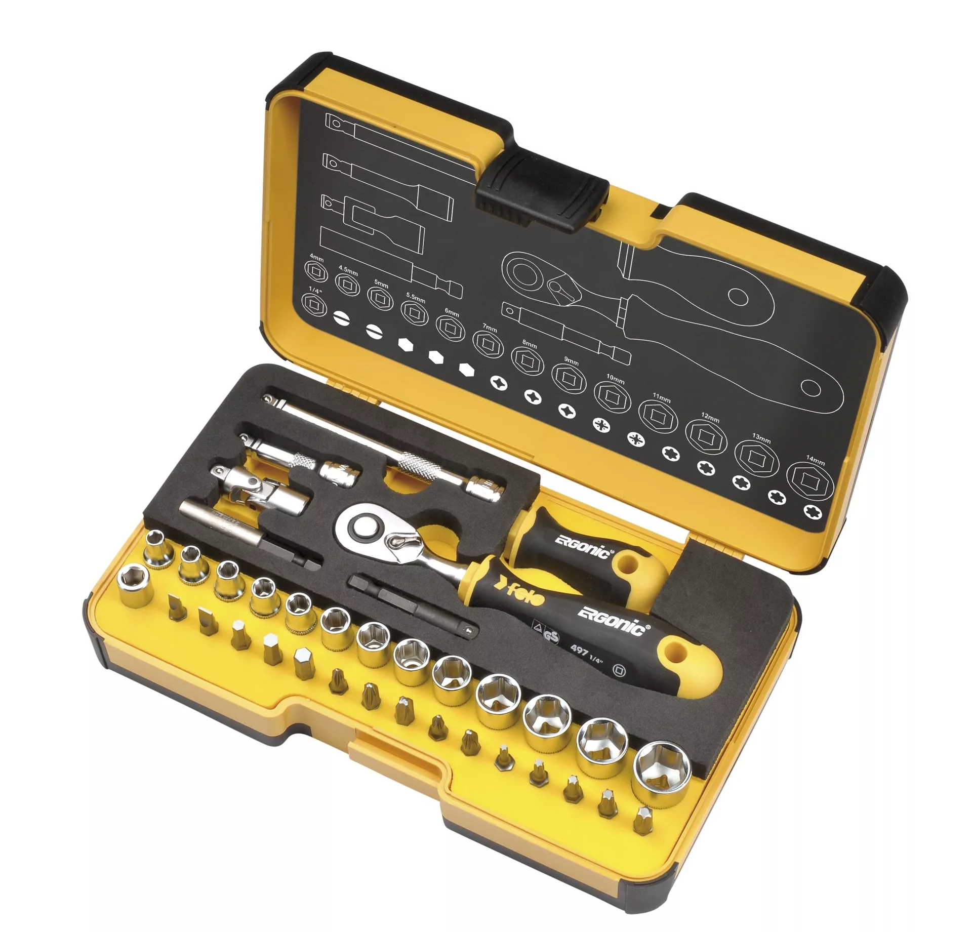 Набор бит SL/ND/PH/Tx/SQ/BH/MS с трещоткой и рукояткой ERGONIC в кейсе, 36 шт FELO 057 836 56