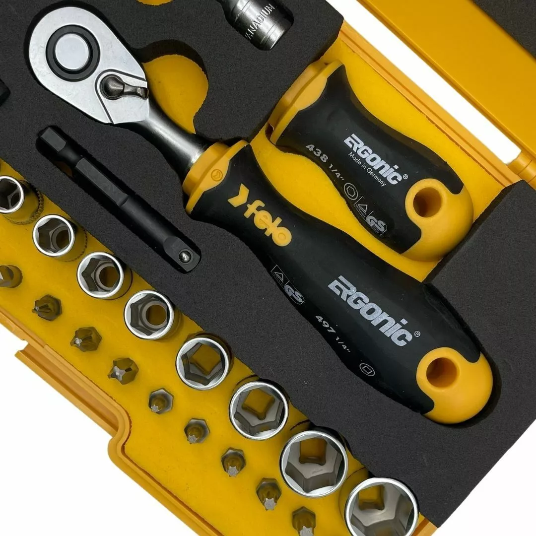 Набор бит SL/ND/PH/Tx/SQ/BH/MS с трещоткой и рукояткой ERGONIC в кейсе, 36 шт FELO 057 836 56