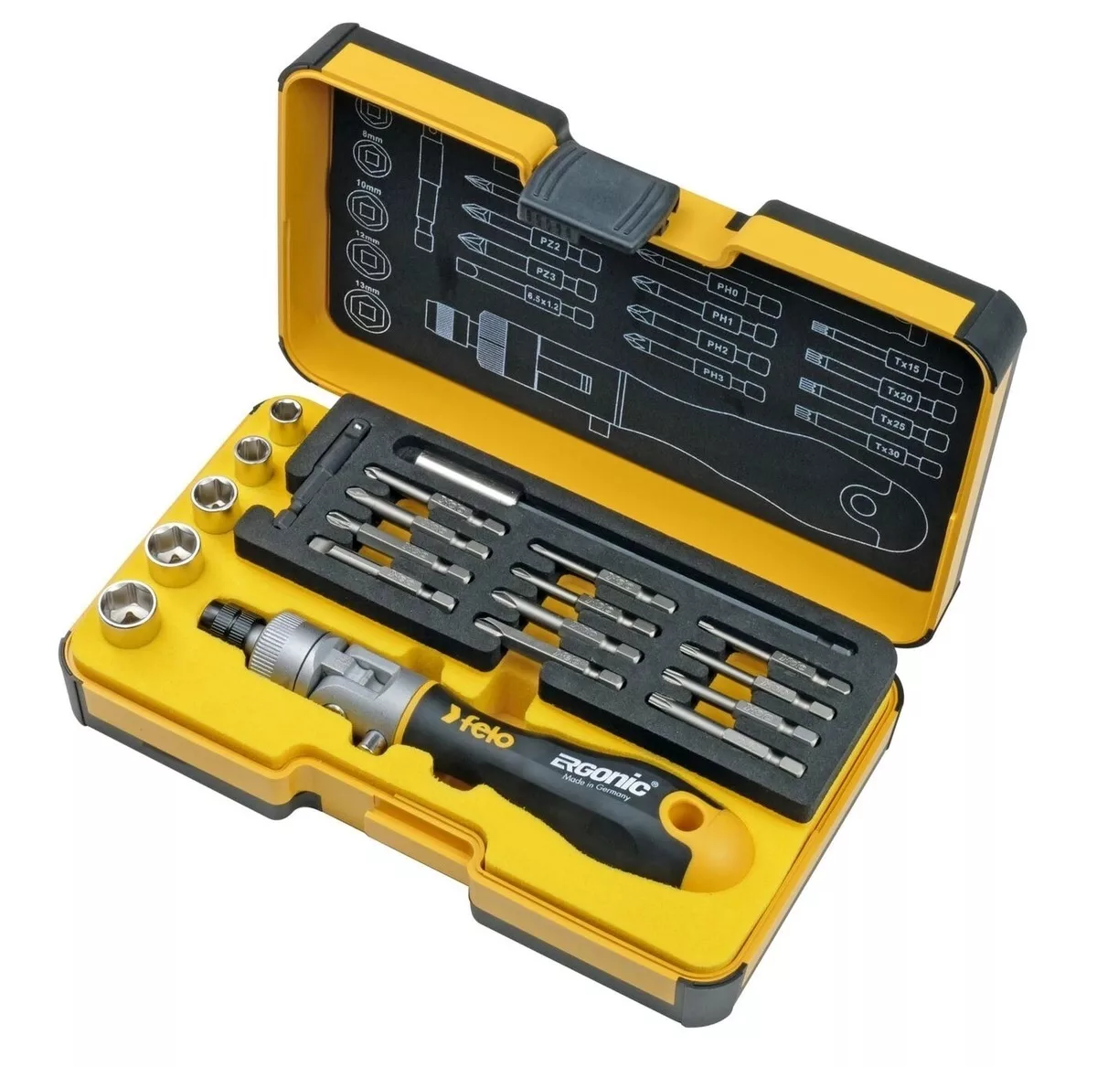 Набор бит SL/PH/PZ/Tx и головок с поворотной трещоткой Ergonic K, 20 шт FELO 06072006