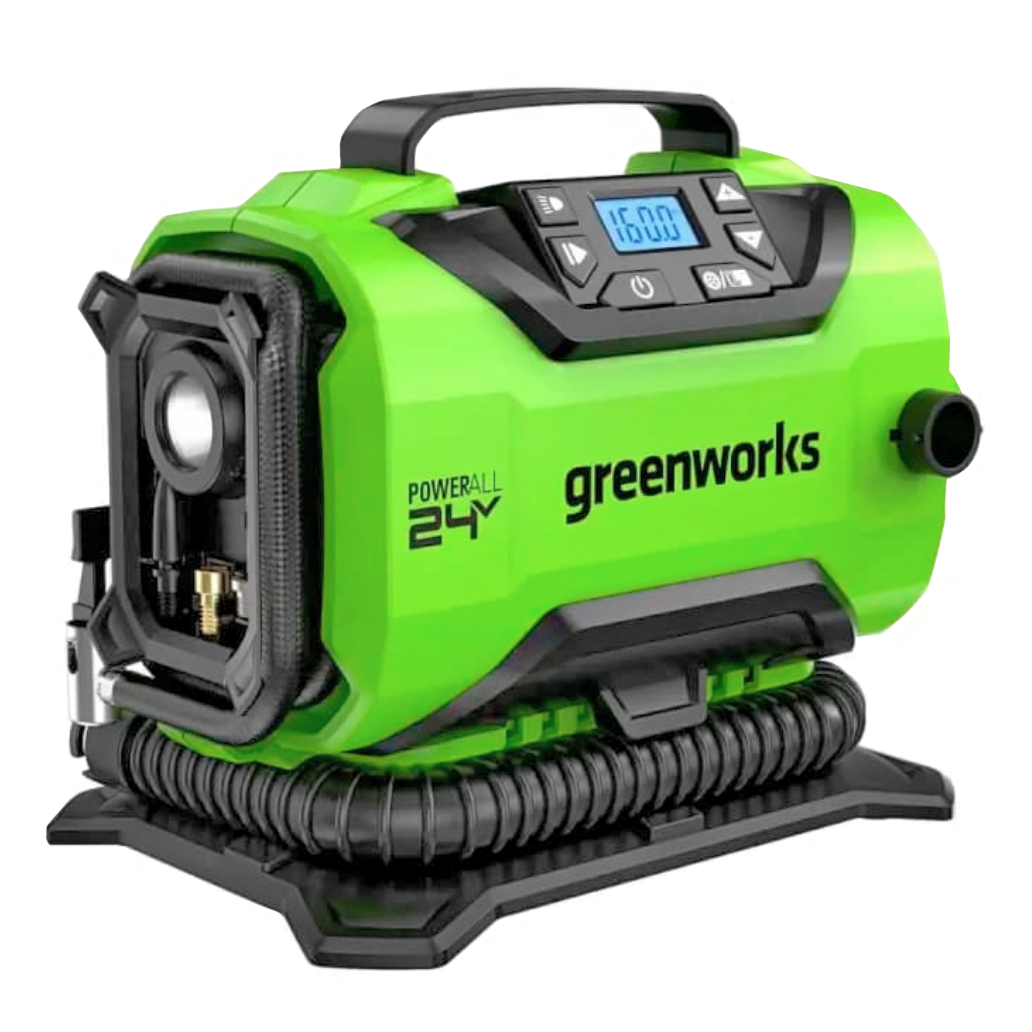 Компрессор автомобильный аккумуляторный Greenworks 24V/12V ACG301 3400807, с АКБ на 2 А*ч и ЗУ